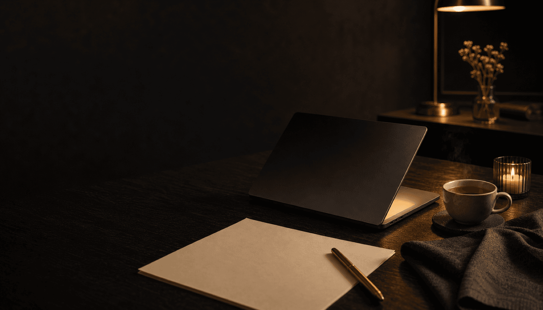 A nearly closed laptop beside a cup of tea and blank paper on a lamplit charcoal desk.