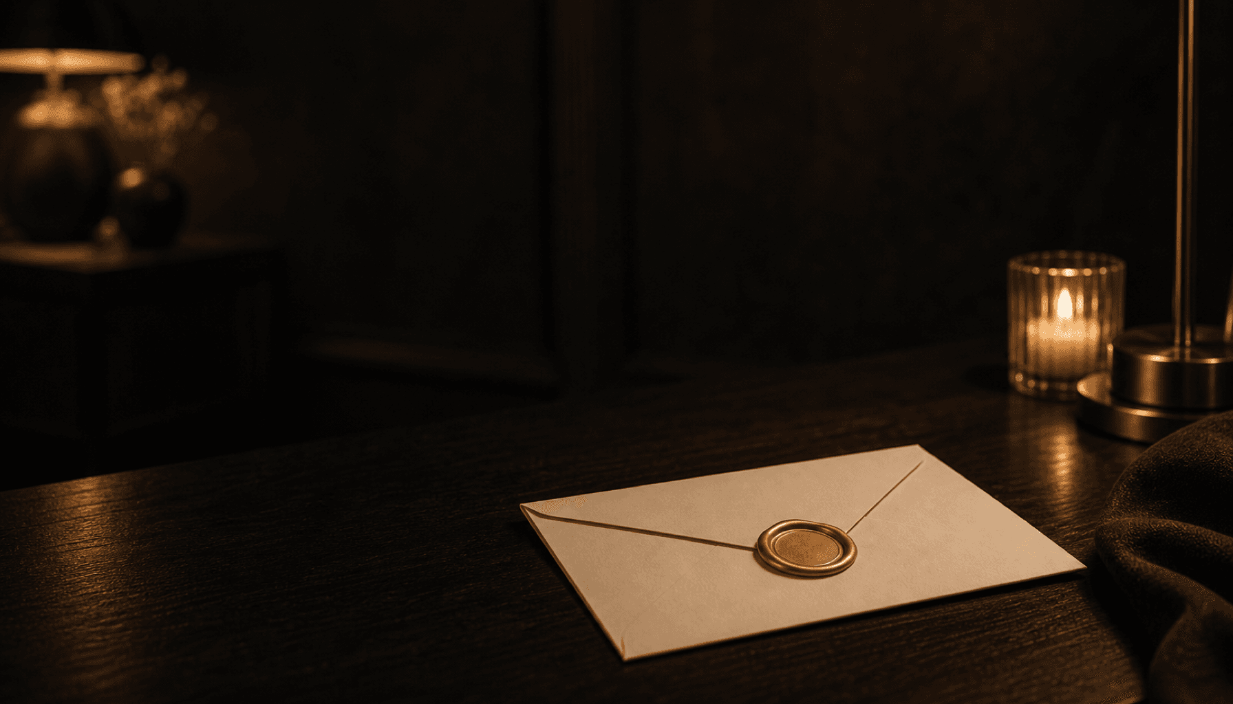 A wax-sealed cream envelope on a candlelit dark-wood table.