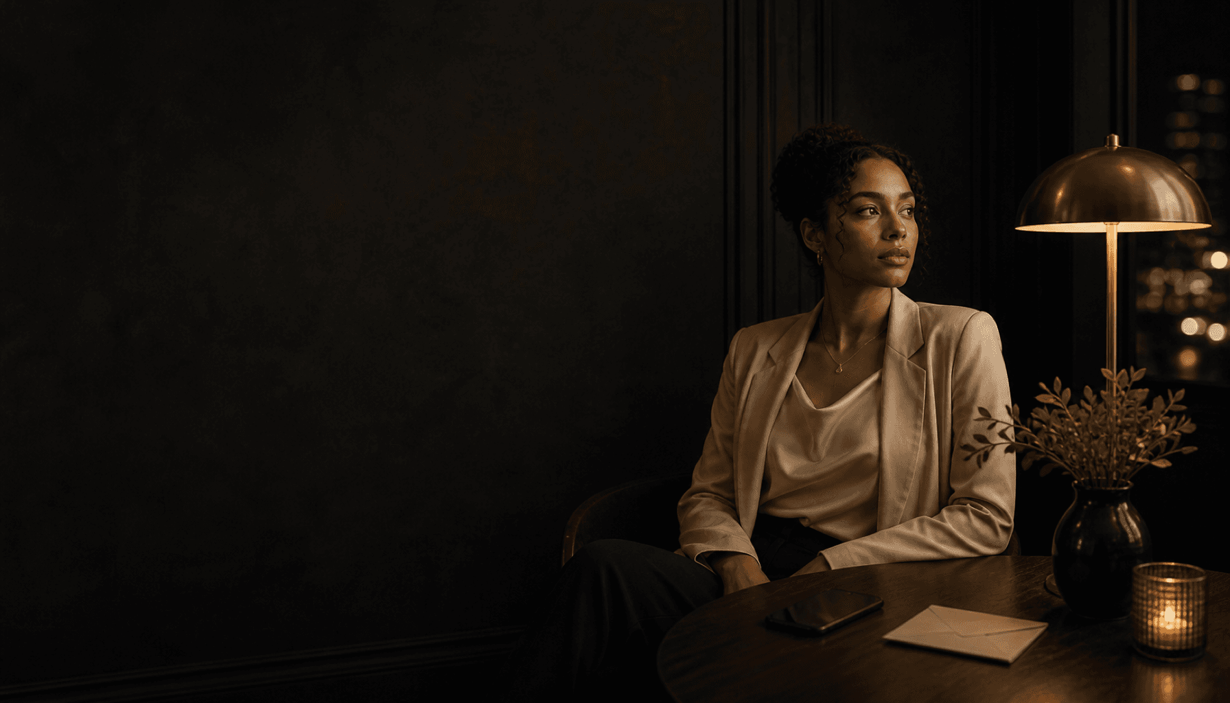 A composed person alone in warm lamplight in a charcoal room.