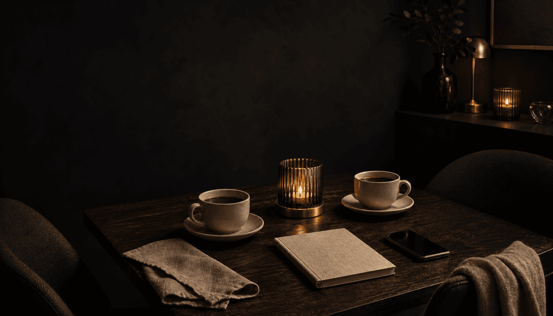 Two cups of coffee on a candlelit dark-wood table, set for a quiet conversation.