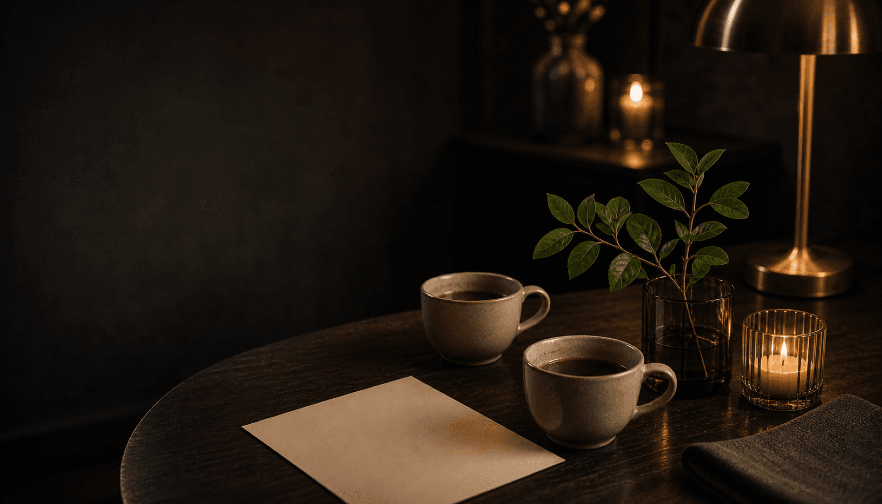 A small green plant beside two coffee cups on a warm charcoal table.