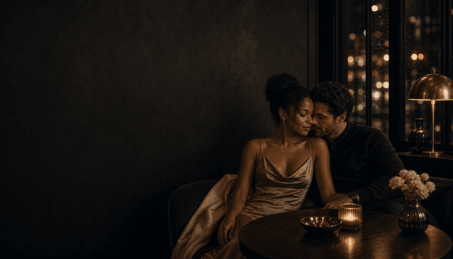 An interracial couple together in a calm, warm charcoal room.