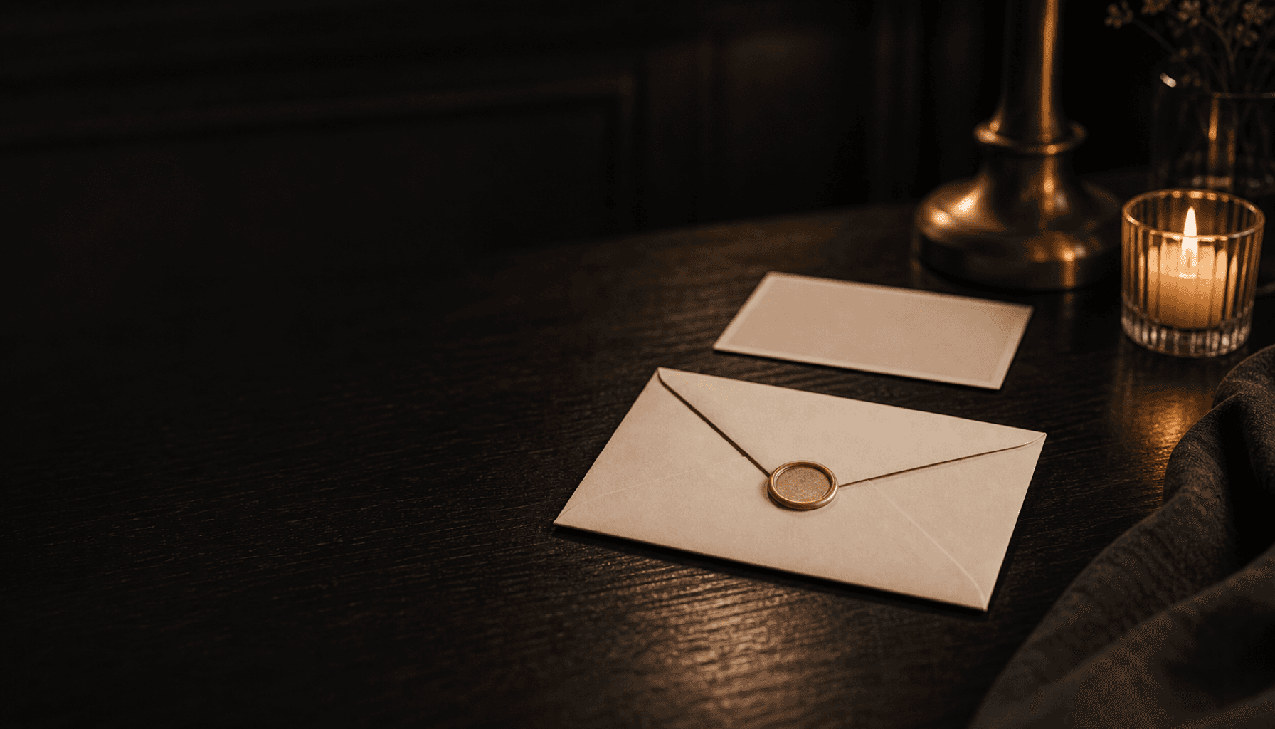 A sealed cream envelope resting beside a facedown photograph on a dark charcoal table in warm champagne light.