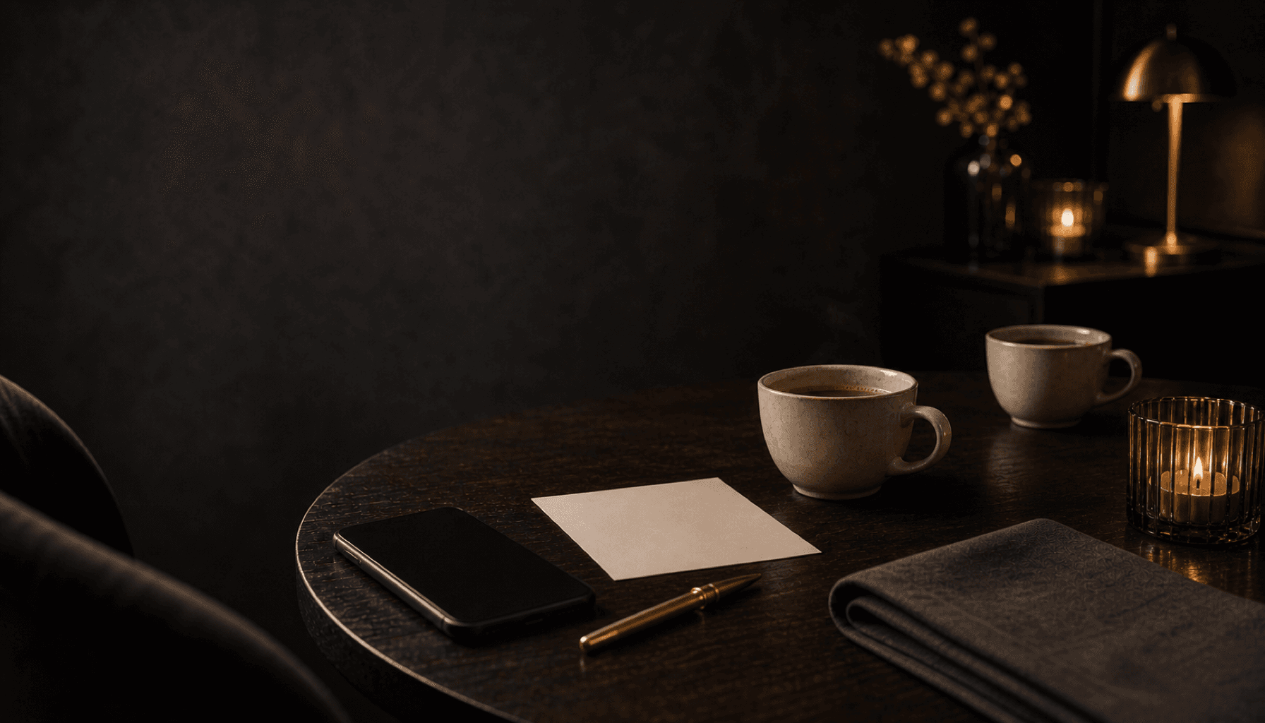 Two coffee cups, a face-down phone, and a brass pen on a dark charcoal table with candlelight.