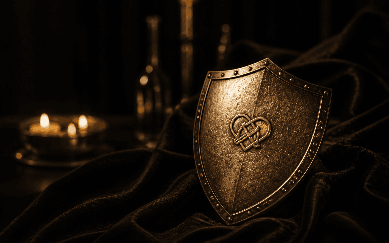 A champagne-toned shield resting on dark fabric.