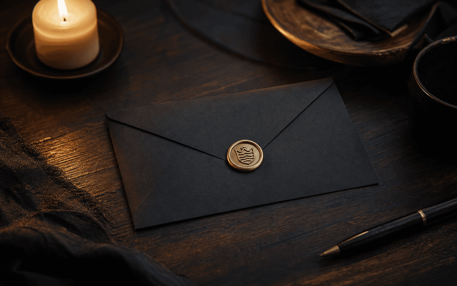 A sealed charcoal envelope on a candlelit table.