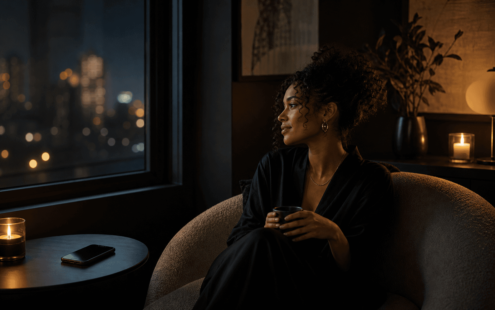 A woman sitting quietly beside a window with a phone face down nearby.