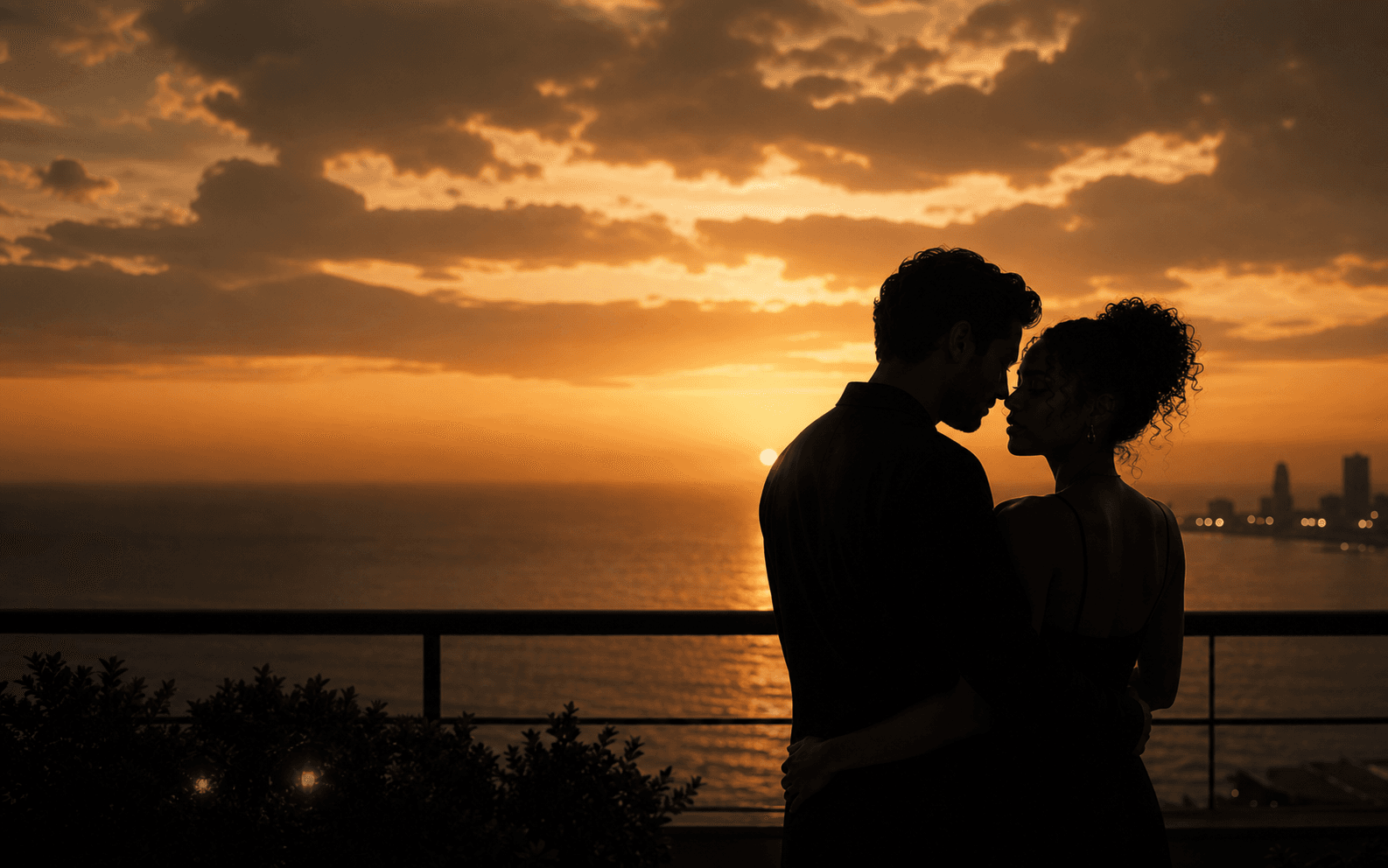 A couple standing together in silhouette at sunset.
