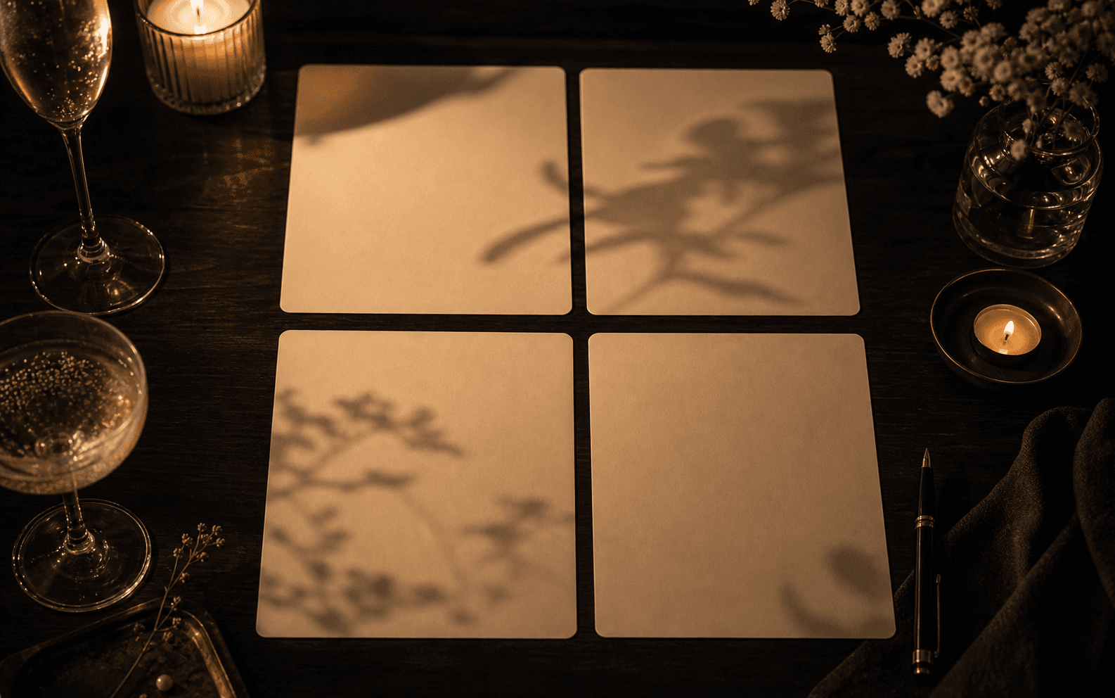 Four blank guide pages laid out on a dark table.