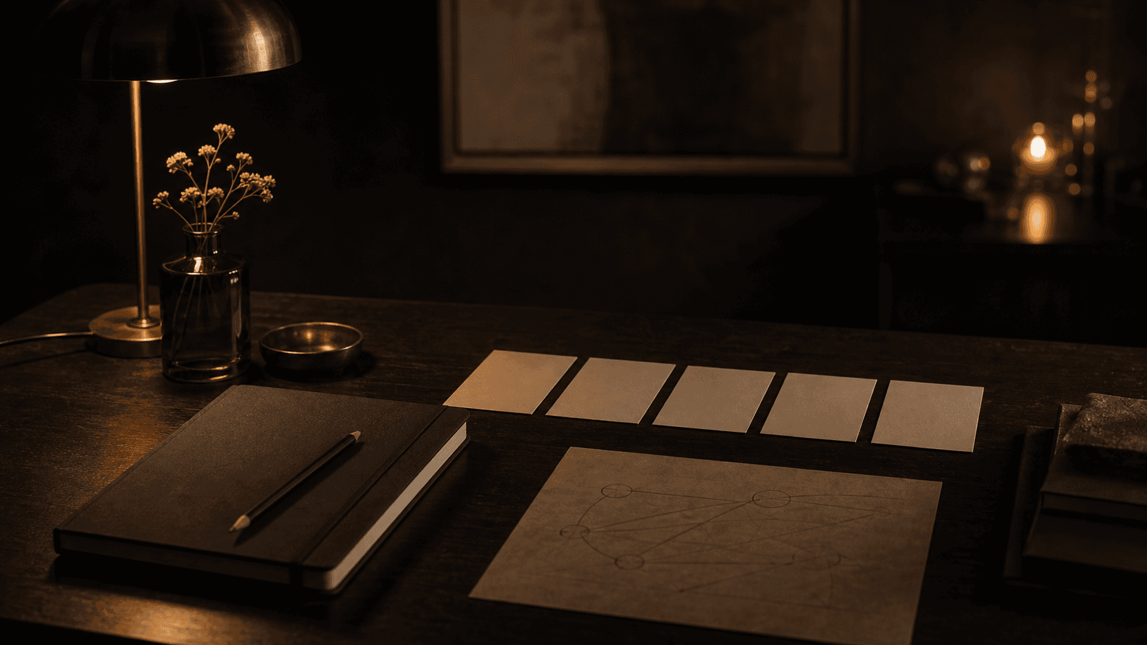 A quiet desk with five cards, a notebook, and warm lamplight.