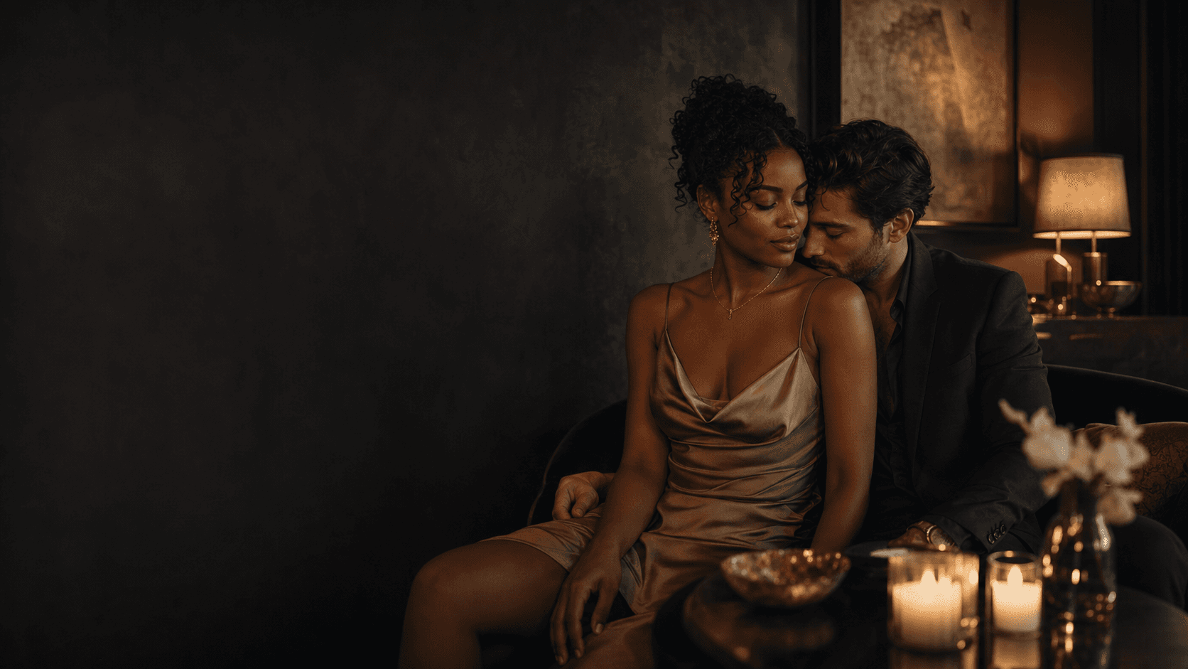 A couple sitting together in a warm charcoal room.