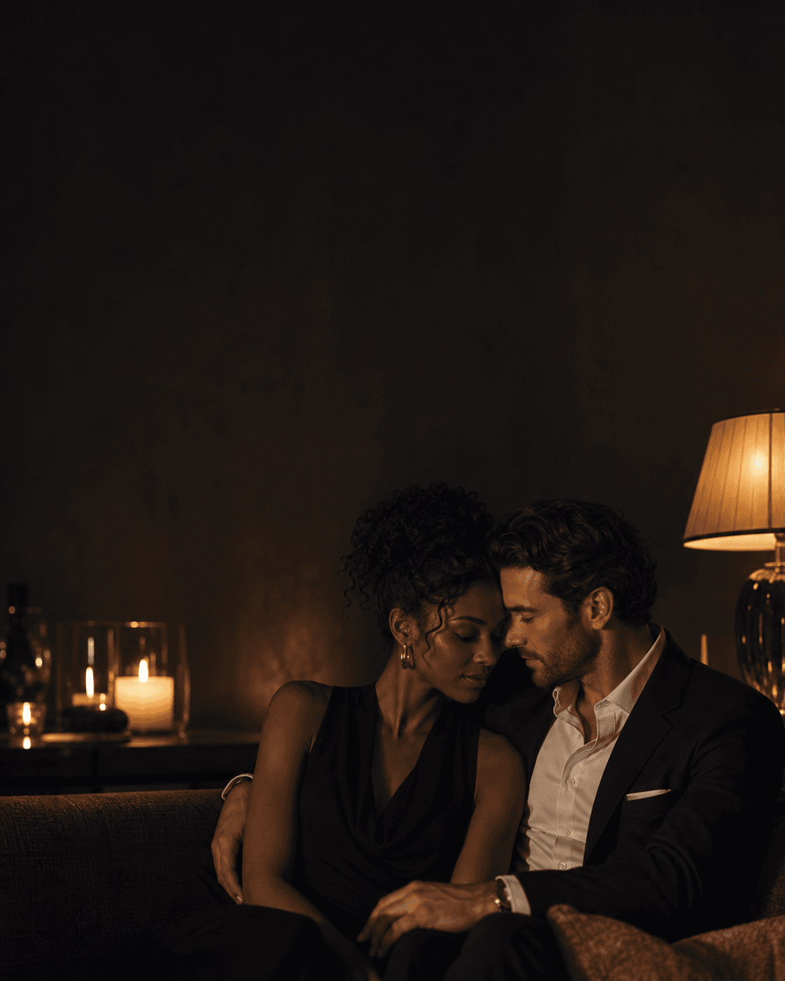 A couple sitting close in a quiet private room.