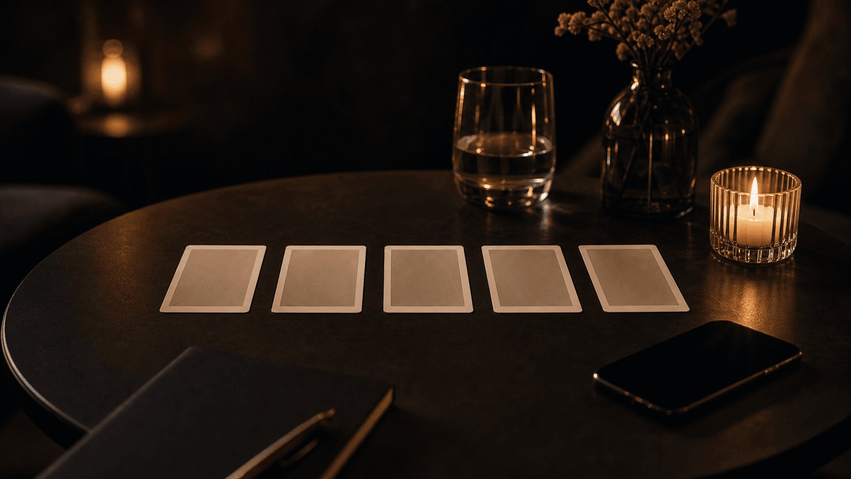 Five blank cards arranged on a candlelit table.