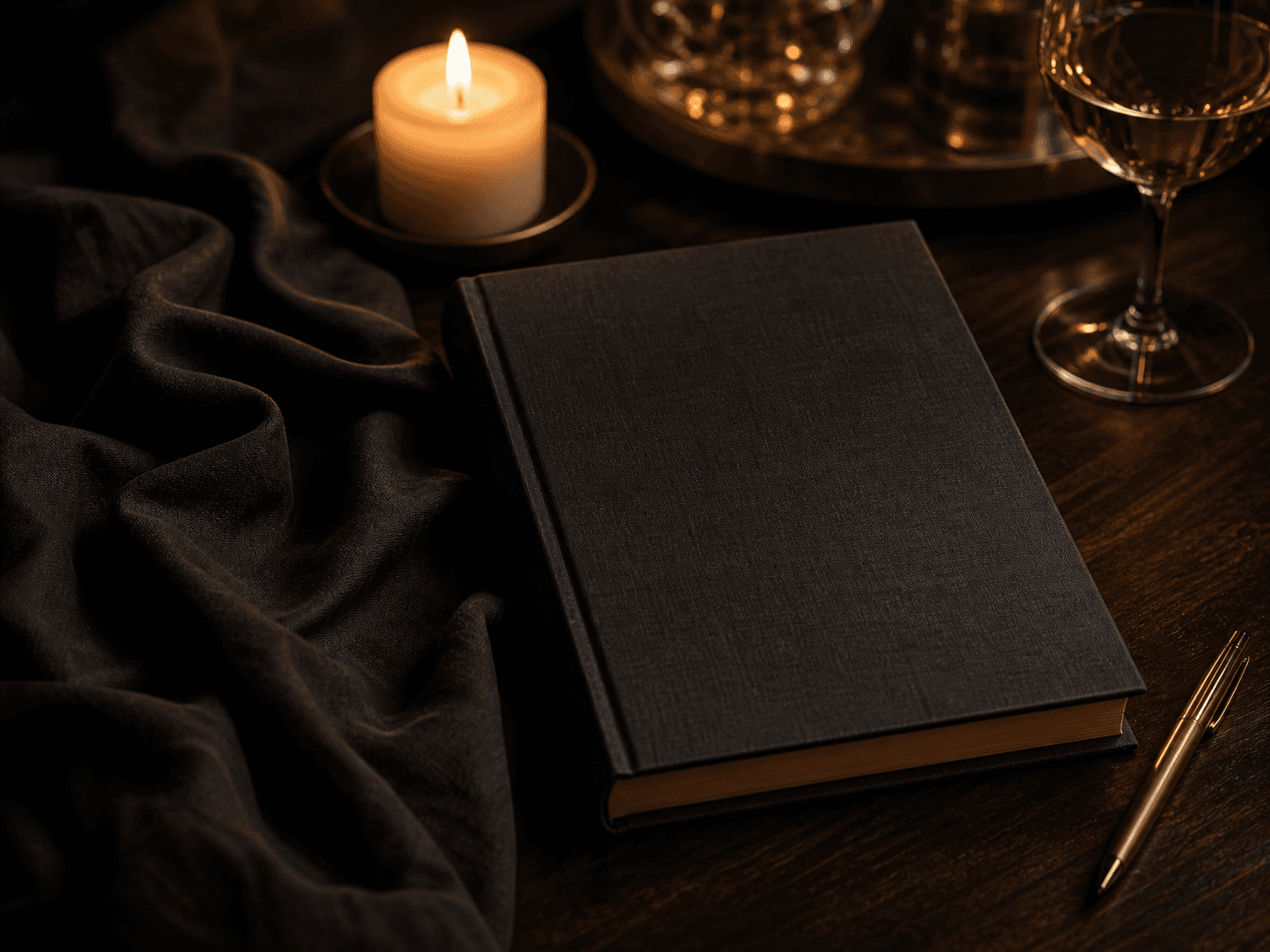 A charcoal guide book on a candlelit table.