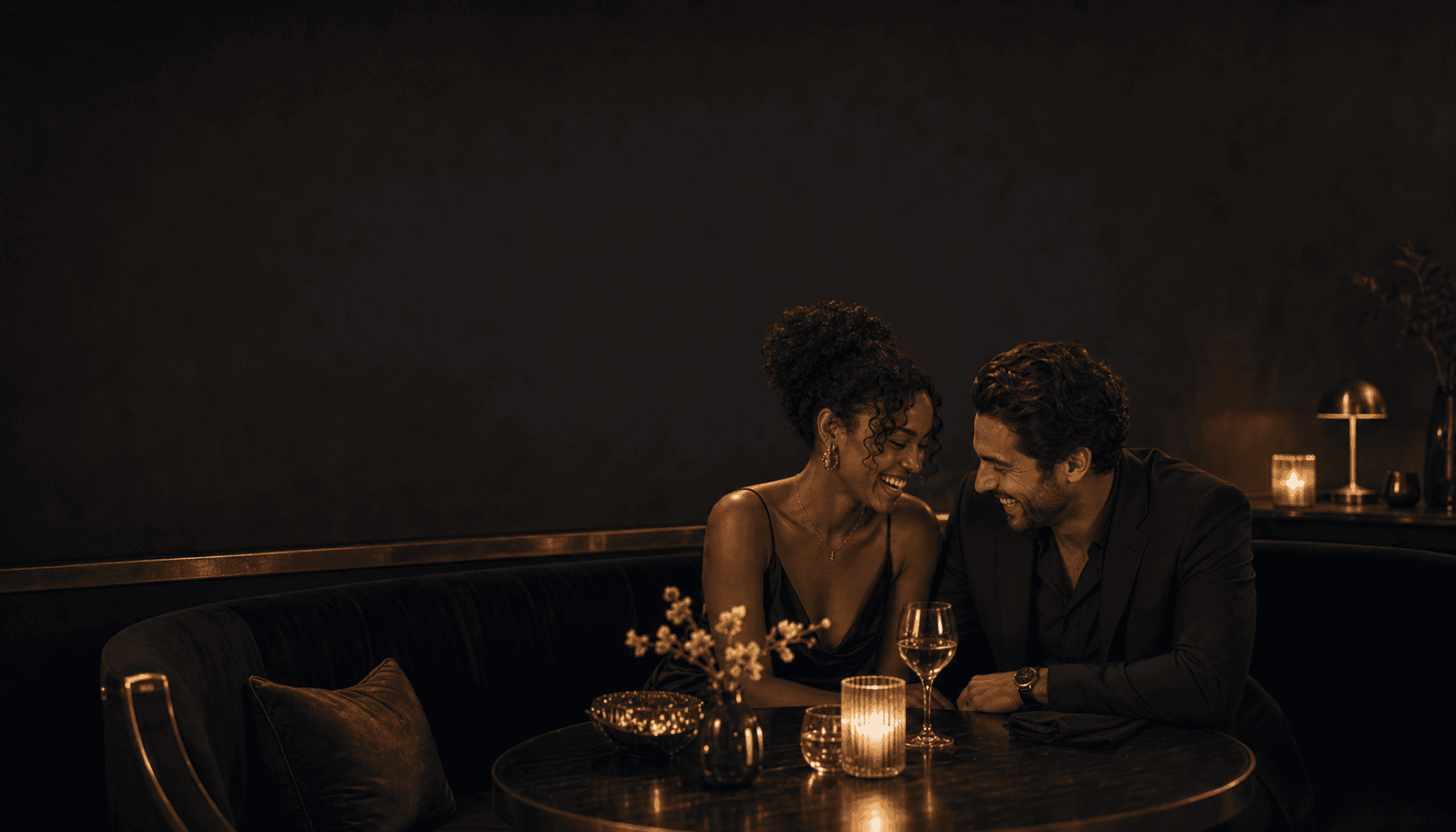 A couple leaning toward each other at a candlelit table in a dark room.